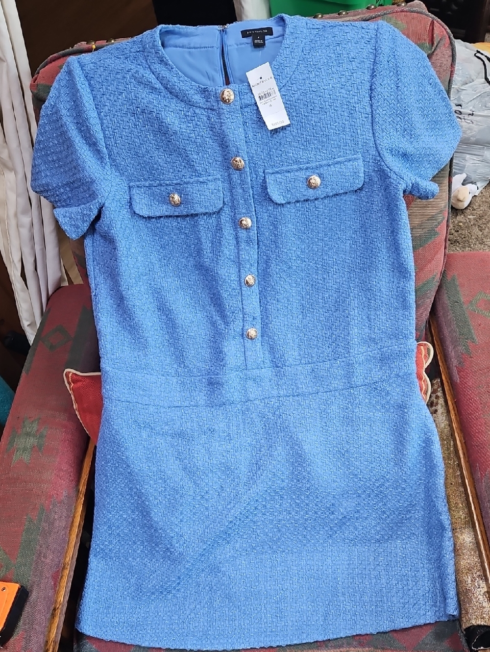 Ann Taylor Classic Tweed Blue Short-Sleeve Dress - Elegant Everyday
